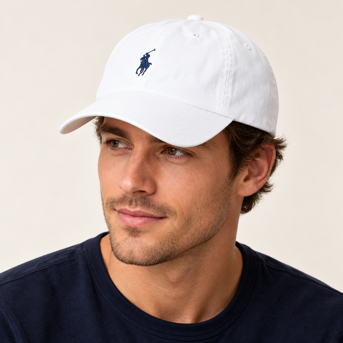Polo Ralph Lauren Unisex Adjustable Cotton Baseball Cap with Navy Blue Logo – White