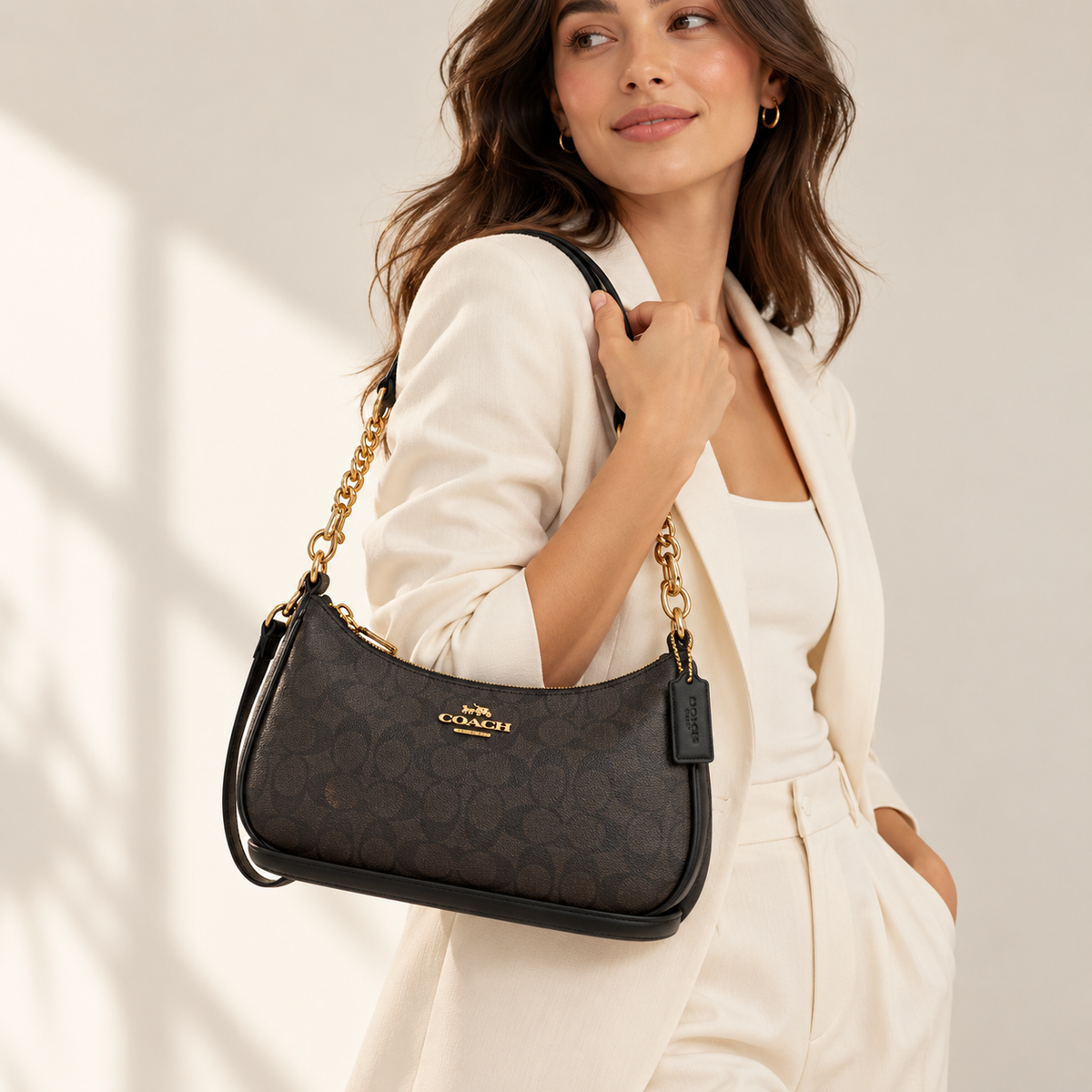 Coach Teri Shoulder Bag in Signature Canvas – Gold/Walnut/Black, CA548