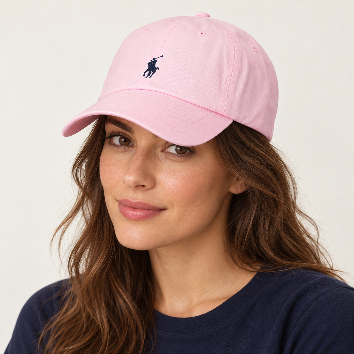 Polo Ralph Lauren Unisex Adjustable Cotton Baseball Cap with Navy Blue Logo – Light Pink