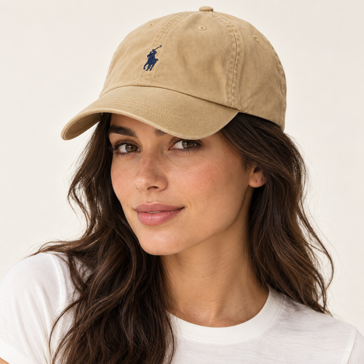 Polo Ralph Lauren Unisex Adjustable Cotton Baseball Cap with Navy Blue Logo – Khaki Beige